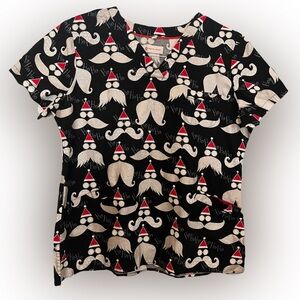 White Cross Christmas Scrub Top Santa Faces  Glitter Mustaches 3 Pocket L